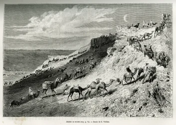 Akabah eller stille kameler op fra campingvognen. Gravering af G.Vuillier, for at illustrere historien "" pelerinage au Nedjed, den arabiske races vugge"", af Lady Anna Blunt, i 1878-1879, udgivet i Tour du monde, under ledelse af Edouard Charton (1807- 1
