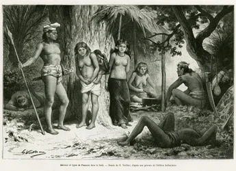 Bivuak og lungetyper i skoven. Gravering af G.Vuillier, til illustration af historien De Koutei a Bandjirmasin, rejse gennem Borneo, af Carl Bock, i le tour du monde 1890, instrueret af Edouard Charton (1807-1890), Hachette, Paris.