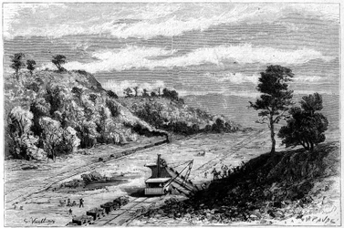 Konstruktion af Panamakanalen - gennemboring af landtangen i Panama: generel udsigt over gravemaskinen Monkey Hill (Monkey-Hill). Indgravering af Vuillier i ""Le Monde Illustre"" nr. 1309 af 29. april 1882.