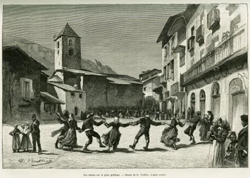Danser på den offentlige plads. Gravering af G.Vuillier, for at illustrere historien Le val d