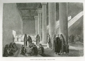 Inde i Emir Muhammad Ibn Abdullah Al Rashids (1872-1897) palads i Hail, Saudi-Arabien. Gravering af G.Vuillier, for at illustrere historien "" pelerinage au Nedjed, den arabiske races vugge"", af Lady Anna Blunt, i 1878-1879, udgivet i Tour du mo