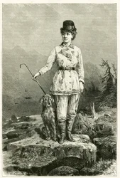 Portræt af Madame Marie De Ujfalvy-Bourdon, i rejsedragt, med sin hund, gift med etnolog, lingvist og opdagelsesrejsende Charles Eugene Ujfalvy (1842-1904), hun ledsagede ham på alle hans ekspeditioner. Gravering af G.Vuillier, efter naturen for at illustr