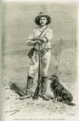 Portræt af den rejsende forfatter Carl Lumholtz. Gravering af G.Vuillier, for at illustrere historien Chez les cannibales, rejse i det nordøstlige Australien