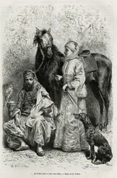 Portrætter af Mr. Wilfrid Blunt (1840-1922), digter og forfatter, og hans kone, Lady Anna Blunt (nee King Noel (King Noel) 1837-1917), den første europæiske kvinde til at udforske Mellemøsten, iført en rejsedragt , foran en af de arabiske heste i deres sta