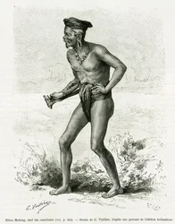 Sibou Mobang, leder af kannibaler. Gravering af G.Vuillier, til illustration af historien De Koutei a Bandjirmasin, rejse gennem Borneo, af Carl Bock, i le tour du monde 1890, instrueret af Edouard Charton (1807-1890), Hachette, Paris.