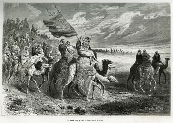 Berak, Emir Ibn Al Rashids flag (1872-1890) (Saudi-Arabien). Gravering af G.Vuillier, for at illustrere historien "" pelerinage au Nedjed, den arabiske races vugge"", af Lady Anna Blunt, i 1878-1879, udgivet i Tour du monde, under ledelse