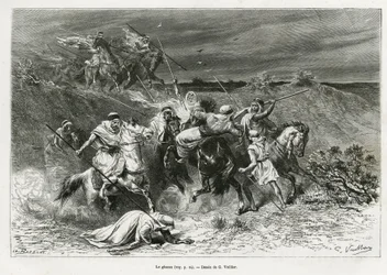 Ghazou, eller razzia, plyndrer med en hånd. Gravering af G.Vuillier, for at illustrere historien "" pelerinage au Nedjed, den arabiske races vugge"", af Lady Anna Blunt, i 1878-1879, udgivet i Tour du monde, under ledelse af Edouard Charton (1807-