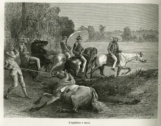 Ekspeditionen på hesteryg til udforskning af Terable-dalen, gravering efter en tegning af G.Vuillier, for at illustrere historien De Cayenne aux Andes, af Jules Crevaux, læge i den franske flåde, i 1878-1879, offentliggjort i turen du monde, unde