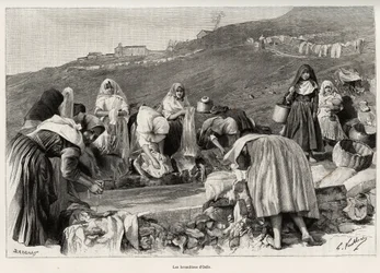 Lavendel fra Osilo (Italien), kvinder samlet omkring bassinet. Gravering og historie "" La Sardaigne"" af Gaston Vuillier (1845-1915), i 1890, i Le tour du monde, nouveau journal des voyages, under ledelse af Edouard Charton (1807-1890), 2. semester