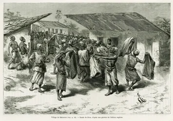 Landsbyen Bakourou, de oprindelige folk bliver tilbudt gaver til fredsforhandlinger. Gravering af G.Vuillier, for at illustrere historien Dans les tenebres de l