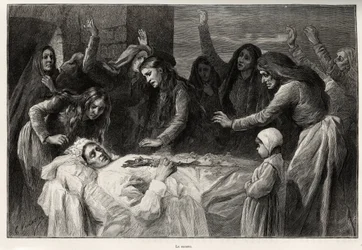 Den vocero, korsikanske funebre sang, der kalder på hævn. Gravering og historie ""La Corse"" af Gaston Vuillier (1845-1915), i 1890, i Le tour du monde, nouveau journal des voyages, under ledelse af Edouard Charton (1807-1890)