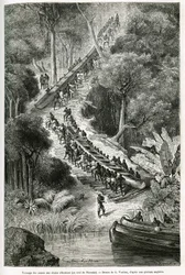 Traggende kanoer ved Innkissi Falls (eller Livingstone Falls) (Congo), under ledelse af Sir H.M.Stanley (1841-1904), tegnet af G.Vuillier, for at illustrere historien "Through the Mysterious Continent", en rejse foretaget mellem 1874 -1877, af Sir H.M.Stan