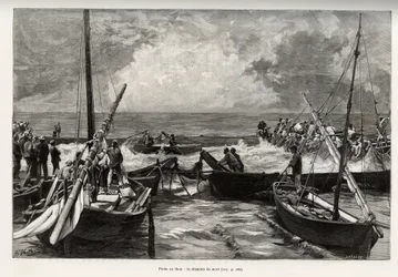 Tunfiskeri (mattanza): dødskammeret, tunpresser på et trangt sted er dækket af fiskernes harpuner. Gravering og historie "" La Sardaigne"" af Gaston Vuillier (1845-1915), i 1890, i Le tour du monde, nouveau journal des voyages, under t.