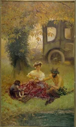 En ung kvinde assisteret af en abe helbreder et dyreliv (maleri)