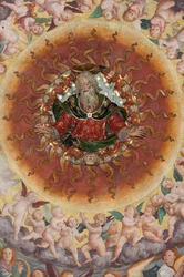 Detalje af den hellige jomfrus himmelfart, kendt som "Englekoret, der spiller musik", Kuppelen på tværskibet, fra 1534 (fresko)