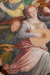 Detalje af den hellige jomfrus himmelfart, kendt som "Englekoret, der spiller musik", Kuppelen på tværskibet, fra 1534 (fresko)