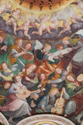 Detalje af den hellige jomfrus himmelfart, kendt som "Englekoret, der spiller musik", Kuppelen på tværskibet, fra 1534 (fresko)