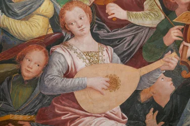Detalje af den hellige jomfrus himmelfart, kendt som "Englekoret, der spiller musik", Kuppelen på tværskibet, fra 1534 (fresko)