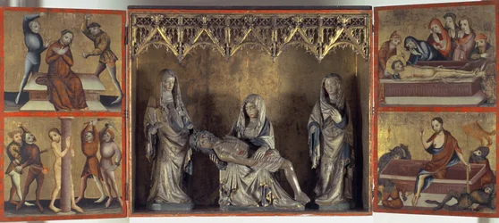Altertavle, der forestiller klagesangen og Kristi lidenskab (Alter of St. Elizabeth Thüringen) c.1410 (tempera på panel og kalksten)