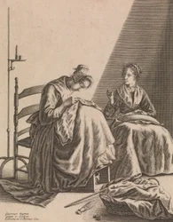 Two Women Syning, Plade 1 fra Five Feminine Occupations, ca. 1640-57.