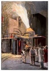 Afkulning af råjern i en Bessemer-konverter, 1900.