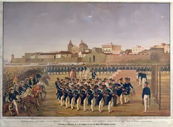 Nedskydningen af Pantaleon German de Ribon og hans 8 ledsagere i Cartagena den 24. februar 1816 (farvegravering)