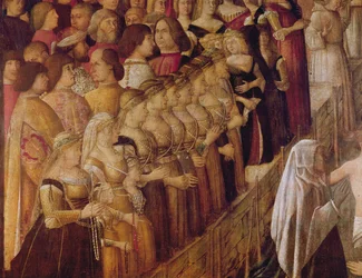 The Miracle of the Cross at the Bridge of Saint Lorenzo, detalje af en gruppe af Catherine Cornaros damer i vente og en del af mængden, 1500 (tempera på lærred)