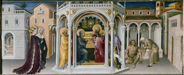 Altertavle af tilbedelsen af Magi: detalje af præsentationen ved templet - predelle (olie på panel