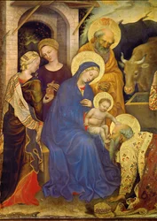En af de tre konger knæler foran Jesusbarnet, kongens krone ligger på jorden (tempera på træ)