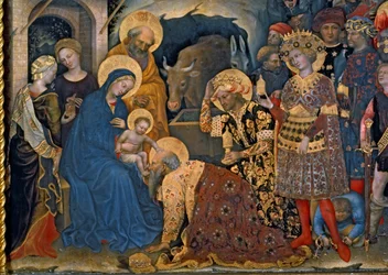 Kongernes tilbedelse, detalje af Jomfruen med barnet og de tre konger, 1423