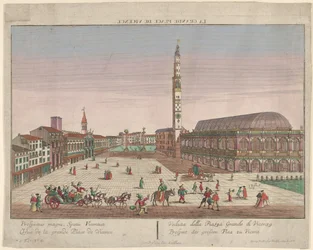 Udsigt over Piazza dei Signori i Vicenza med hestevogne og figurer ..., ca. 1750-1801.