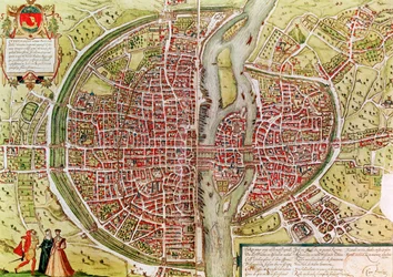 Kort over Paris fra «Civitates orbis terrarum» af Georg Braun (1541-1622) og Franz Hogenberg (1540-92), fransk, 1572-1617