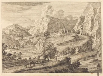 Bjergrigt Landskab med Figurer og et Kloster