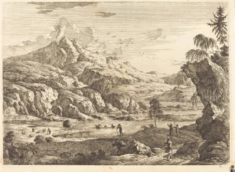 Bjergrigt flodlandskab med figurer