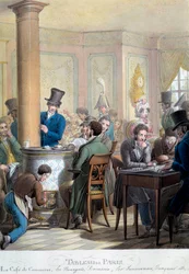 Table of Paris: udsigt over cafe du commerce: borgerlig taler, spiller domino. Litografi af George Emanuel Opitz (1775-1841) 1800-tallet. Paris, Musée Carnavalet