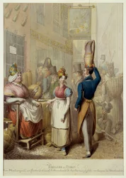 Tableau de Paris: rue de la rue Montorgueil og caferestaurant "Le Rocher de Cancale" i Paris. Gadehandlere og forbipasserende. Litografi af tyskeren George Emanuel Opitz (1775-1841)