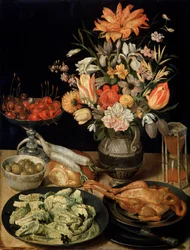 Stilleben med blomster og snack, c1630-c1635