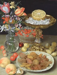 Stilleben med blomster og dessert