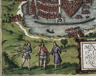 BRAUN, George (1541-1622). ORTELIUS, Abraham (1527-1598). HOGENBERG, Franz (1535-1590). Civitatis Orbis Terrarum (Theatrum orbis terrarum). 1572-1617. Mexico City (1576). Detalje med aztekere. Ætsning. SPANIEN. KASTILIEN OG LEON. Salamanca. Salamancas univ