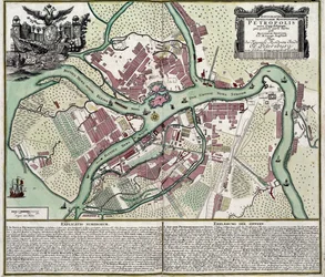 Kort over Sankt Petersborg (Rusland) - Værk af Matthaeus Seutter (1678-1757), gravering og akvarel