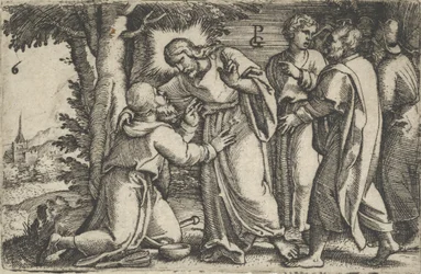 Kristus helbreder den spedalske, fra historien om Kristus, 1534-35.
