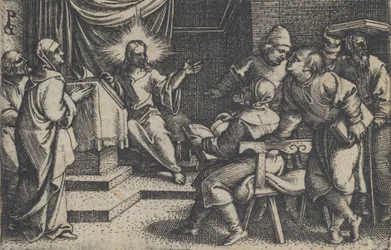 Kristus med lægerne i templet, fra The Story of Christ, 1534-35.