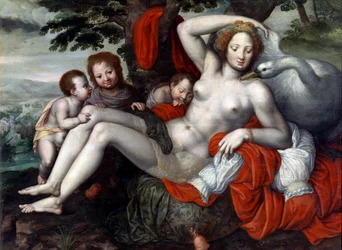 ""Leda and the Swan"" - Leda and the Swan af Pencz, Georg (Jorg) (1500/02-1550), midten af ​​det 16. århundrede. - Olie på træ, 92x126 - Museum of the Meadow, Madrid