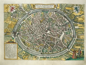 Belgien, Brugge-kort fra Verdensbyer af Georg Braun (1541-1622) og Franz Hogenberg (1540-1590), Köln, gravering
