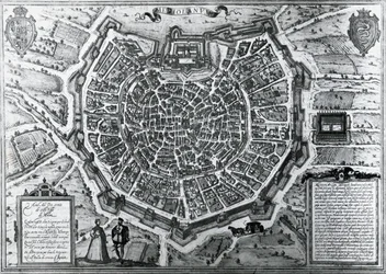 Bykort over Milano, i 1572, af Antonio Lafreri (1512-1577), udgivet af Georg Braun og Franz Hogenberg, Italien