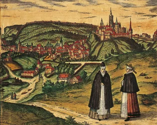 Tjekkiet, Prag, Udsigt over byen med citadellet i baggrunden, farvegravering fra Civitates Orbis Terrarum af Georg Braun (1541-1622) og Franz Hogenberg (1535-1590)