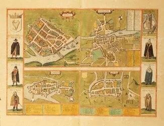 Kort over Galway, Dublin, Limerick og Cork fra Civitates Orbis Terrarum af Georg Braun