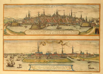 Kort over Lubeck og Hamborg fra Verdensbyer af Georg Braun