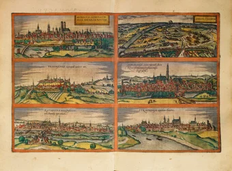 Kort over München, Ingolstadt, Freising, Nordlingen, Regensburg og Straubing, Tyskland, fra Civitates Orbis Terrarum af Georg Braun
