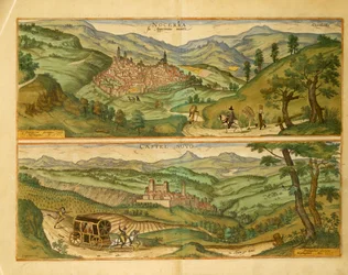 Kort over Nocera og Castelnuovo fra Civitates Orbis Terrarum af Georg Braun